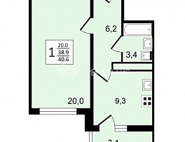 1-комнатная квартира, 40.6 м2