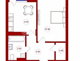 1-комнатная квартира, 38.96 м2