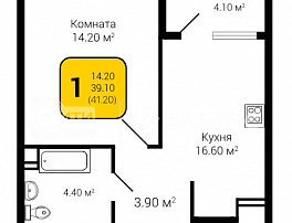 1-комнатная квартира, 41.2 м2