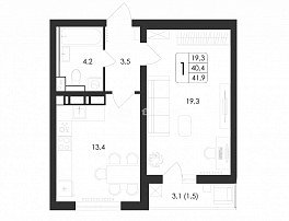 1-комнатная квартира, 41.9 м2