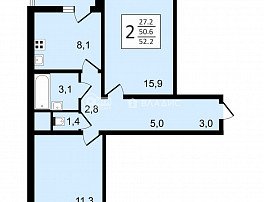 2-комнатная квартира, 52.2 м2