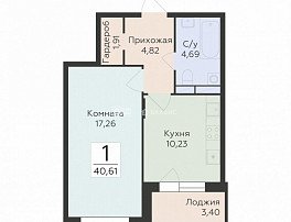 1-комнатная квартира, 40.61 м2