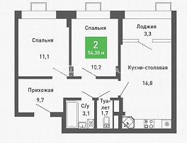 2-комнатная квартира, 54.3 м2