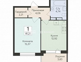 1-комнатная квартира, 41.21 м2