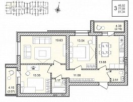 3-комнатная квартира, 81.34 м2