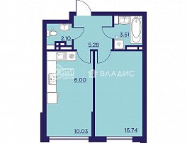 1-комнатная квартира, 43.66 м2