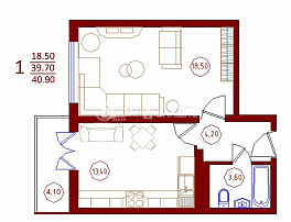 1-комнатная квартира, 40.9 м2