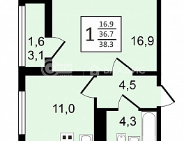 1-комнатная квартира, 38.3 м2