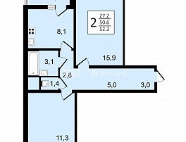 2-комнатная квартира, 52.3 м2