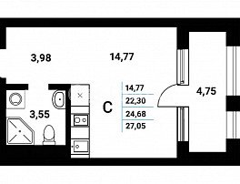 1-комнатная квартира, 24.68 м2