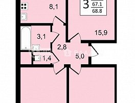 3-комнатная квартира, 68.8 м2