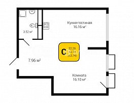 1-комнатная квартира, 43.74 м2