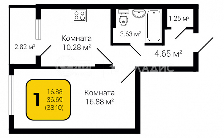 1-комнатная квартира, 38.1 м2, эт. 17, id: 912776, фото 8