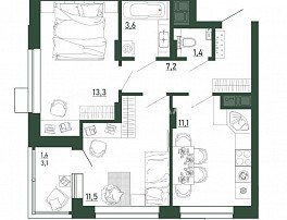 1-комнатная квартира, 49.6 м2