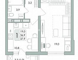 1-комнатная квартира, 37.9 м2