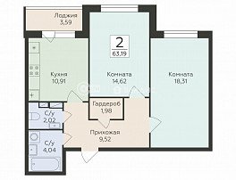 2-комнатная квартира, 63.19 м2