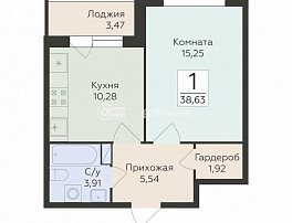 1-комнатная квартира, 38.63 м2
