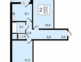 2-комнатная квартира, 52.3 м2