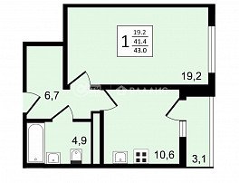 1-комнатная квартира, 42.8 м2
