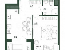 1-комнатная квартира, 37.1 м2