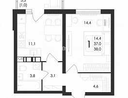1-комнатная квартира, 38 м2