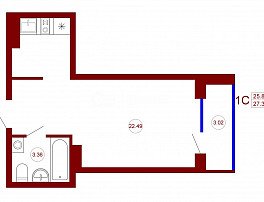 1-комнатная квартира, 27.36 м2