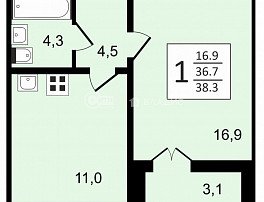 1-комнатная квартира, 38.3 м2