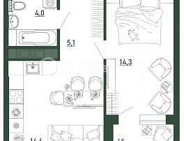1-комнатная квартира, 39.6 м2