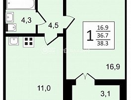 1-комнатная квартира, 38.3 м2