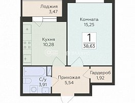 1-комнатная квартира, 38.63 м2
