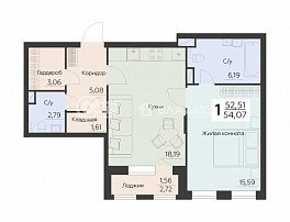 1-комнатная квартира, 54.07 м2