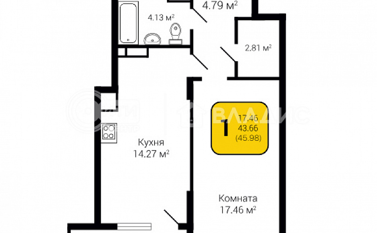 1-комнатная квартира, 45.98 м2, эт. 4, id: 807434, фото 7