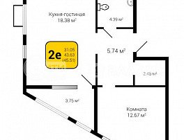 1-комнатная квартира, 45.51 м2