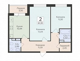 2-комнатная квартира, 61.3 м2