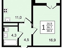 1-комнатная квартира, 38.4 м2