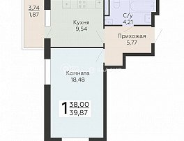 1-комнатная квартира, 39.87 м2