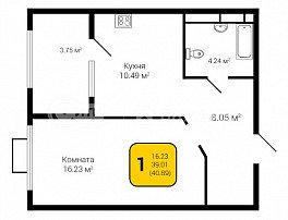 1-комнатная квартира, 40.89 м2