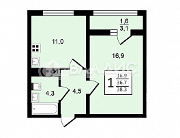 1-комнатная квартира, 38.3 м2