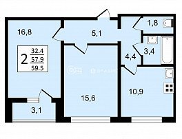 2-комнатная квартира, 59.5 м2