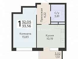 1-комнатная квартира, 33.56 м2