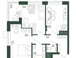 2-комнатная квартира, 49.7 м2