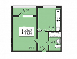 1-комнатная квартира, 38.3 м2