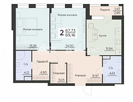 2-комнатная квартира, 69.16 м2