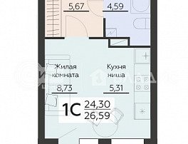 1-комнатная квартира, 26.59 м2