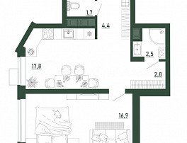 1-комнатная квартира, 46.1 м2