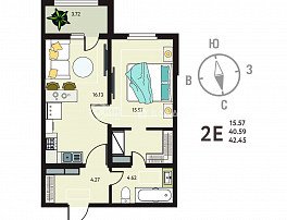 1-комнатная квартира, 42.45 м2