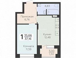 1-комнатная квартира, 37.16 м2