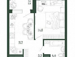 1-комнатная квартира, 34.8 м2