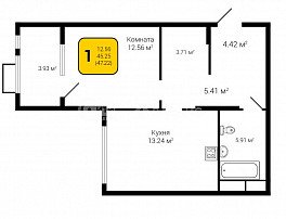 1-комнатная квартира, 47.22 м2