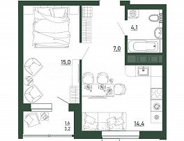 1-комнатная квартира, 42.1 м2